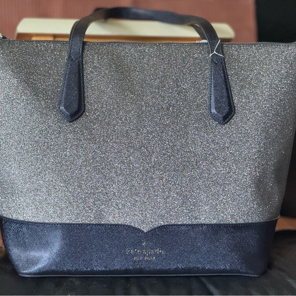Kate Spade Silver and Black Tote Bag with Sleek Design